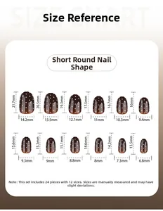 Size chart showing 12 dimensions for brown short round press-on nails with white dots