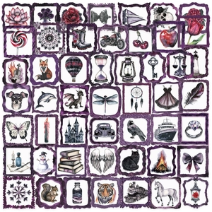 50pcs transparent purple frame stickers set with vintage animals and plants for journals