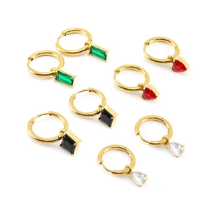 Detailed close-up of gold stainless steel hoop earrings with colorful zircon pendants