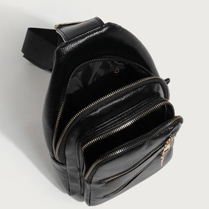 Fashionable black pebble grain PU leather sling bag with multiple zipper compartments