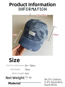 Size chart showing dimensions for vintage camouflage five-panel cotton baseball cap