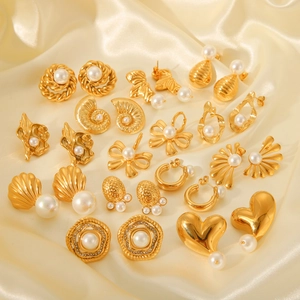 Collection of French style 18K gold stainless steel earrings with elegant pearls