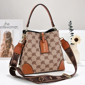 Brown monogram bucket bag with geometric patterns and wide shoulder strap on a studio set