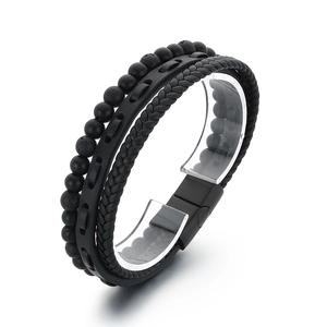 Men's punk multilayer leather bracelet with tiger eye beads and black magnetic clasp