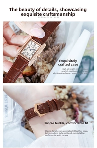 Detail of GEDI rectangular vintage watch with rose gold case and brown leather strap