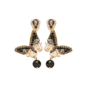 Luxurious butterfly drop earrings with black crystals, pearls, and gold-plated silver needle