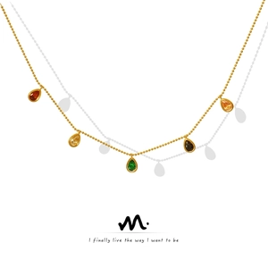 18K Gold Plated Stainless Steel Bead Chain Necklace With Colorful Teardrop Zircon Pendants Elegant Fashion Jewelry For Women