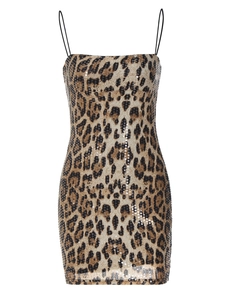 Sexy leopard print sequin mini dress with spaghetti straps on a white background