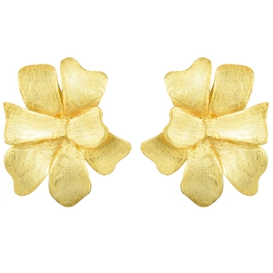 Detailed macro view of gold-tone matte brushed texture on 3D petal-shaped stud earrings