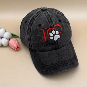 Vintage washed dark grey baseball cap with embroidered heart paw print design