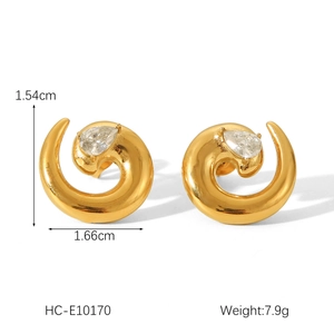 Detailed size chart for 18K gold irregular spiral earrings with drop crystal, 1.66cm wide