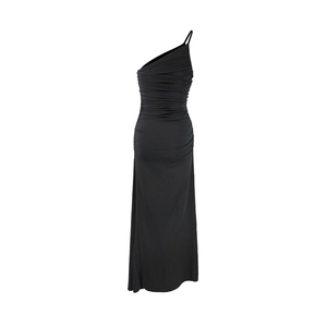 Detail showing the intricate side ruching and pleated fabric of the slim black one-shoulder dress
