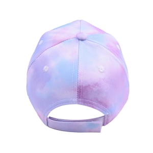 Detailed back view of tie-dye unicorn baseball cap with adjustable hook and loop closure