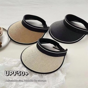 Detailed view of foldable UPF50+ sun visors in khaki, black, and beige straw textures