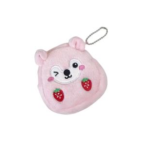 Pink plush hamster coin purse with embroidered strawberry patterns and metal chain