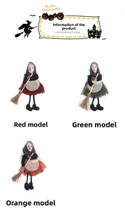 Detailed trio of handmade Halloween witch dolls in red, green, and orange burlap skirts