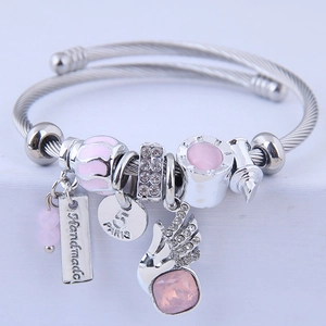 Adjustable stainless steel DIY bangle with pink angel charm and cat eye stone beads