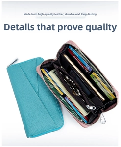 Detail view of large capacity leather wallet interior with multiple card slots and phone pocket