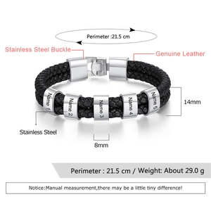 Customized double-layer braided black leather bracelet for men with stainless steel beads