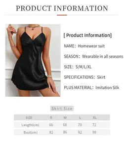 Detailed size chart for women's black satin nightgown showing S to XL measurements