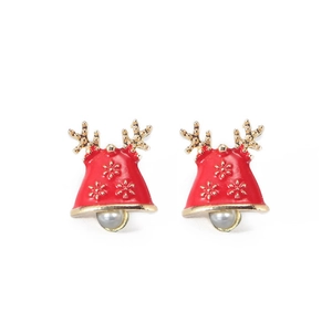 Detail of Christmas bell stud earrings with red enamel finish and white pearl drops