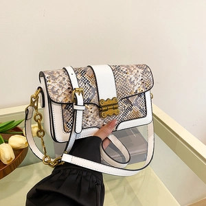 Retro faux snake skin patchwork shoulder bag with gold butterfly clasp and chain strap