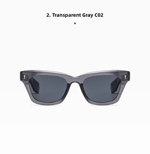 Front view of transparent grey square sunglasses with star metal hinge detail and dark lenses