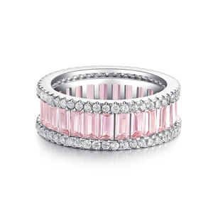 Sparkling S925 sterling silver ring with pink rectangular gems and white side diamonds