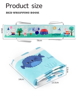 Detailed views of double-sided baby cloth book with animal patterns and size measurements