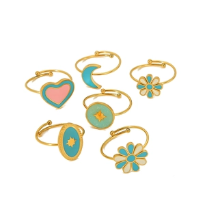 Set of 6 bohemian gold titanium steel open rings with colorful enamel charms and floral patterns