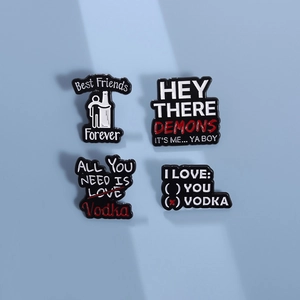 Minimalist LOVE letters enamel pin set with American humor designs on a blue background