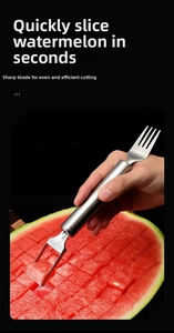 Macro view of 2-in-1 stainless steel watermelon slicer cutter and fruit fork tool