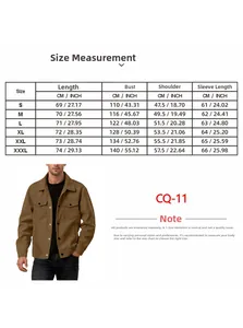 Detailed size measurement chart for corduroy long sleeve shirt jacket for men in CM and INCH