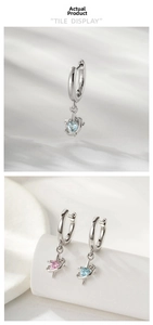 Detailed tile display of heart zircon star track earrings in blue and pink finishes