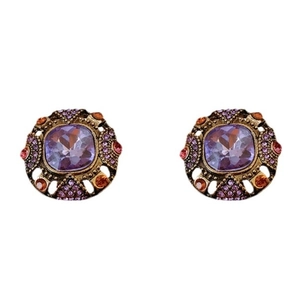 Vintage gold square stud earrings with purple gemstone and surrounding crystals