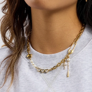 18K gold plated stainless steel necklace with pearls, heart, star and cross charms