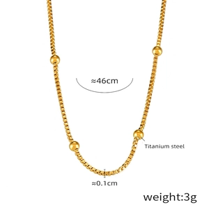 Detail of gold titanium steel round box chain necklace with dimensions and 3g weight