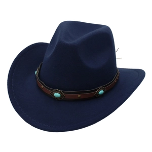 Dark blue western cowboy hat with brown leather band and turquoise stone ornaments