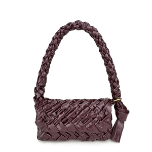 Deep purple woven leather handbag with knotted fringe handles and gold metal rings