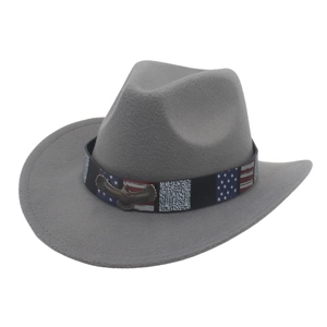 Grey western cowboy felt hat with star-spangled banner band and vintage metal eagle badge