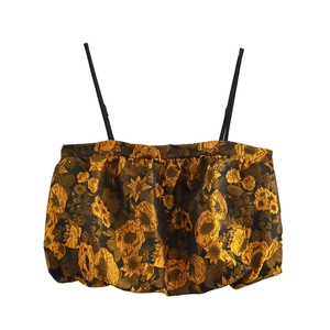 Top Canotta Donna Jacquard Poliestere Motivo Floreale Spalline Sottili Orlo Palloncino Corto Stile Dolce Nero Oro Senza Maniche