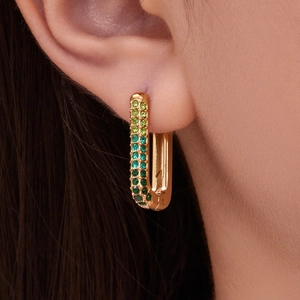 U-shaped earrings with 18k gold plating and three rows of gradient green zircon stones