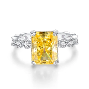 Princess cut yellow diamond ring in S925 sterling silver with micro pave side stones