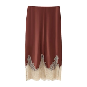 Sexy Brownish Red Satin Midi Skirt With Beige Eyelash Lace Trim Contrast Color Straight Silhouette For Women