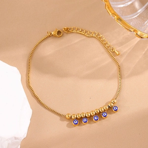 Golden titanium steel anklet with blue evil eye bead and adjustable lobster clasp
