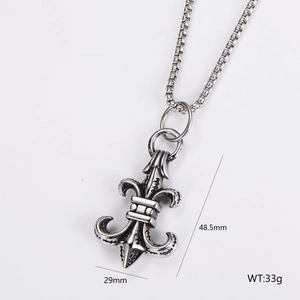 Silver stainless steel fleur-de-lis pendant necklace with vintage engraving patterns