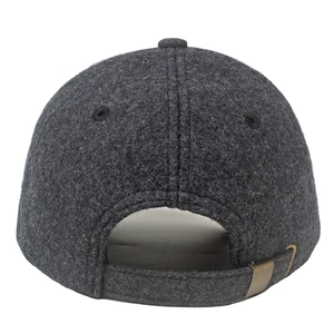 Detail of dark gray wool baseball cap showing adjustable metal buckle and stitching