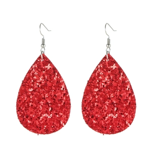 Close-up of red sequined teardrop earrings with silver fishhook ear wires set