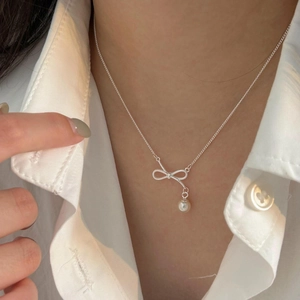 Bowknot Artificial Pearl Pendant Necklace 925 Sterling Silver Elegant Minimalist Jewelry For Women