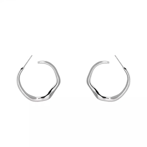 Minimalist silver irregular geometric hoop earrings with organic fluid metal design